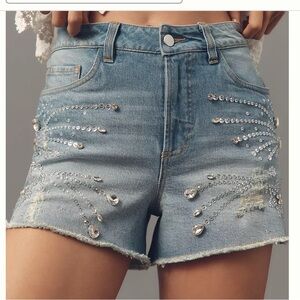 Pilcro Anthropology Jewel encrusted Blue Jean Shorts with Crystal Accents Sz 27